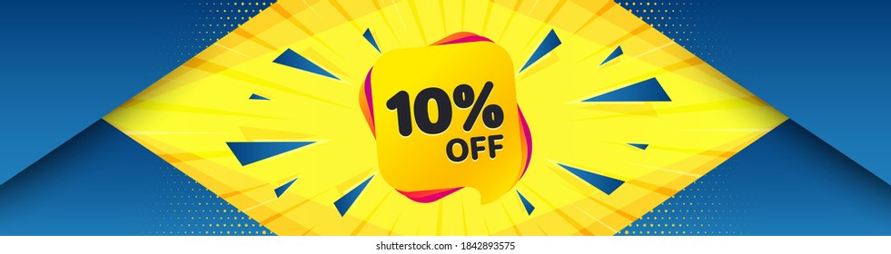 Sale 10% off banner. Abstract background with offer message. Discount sticker shape. Coupon bubble icon. Best advertising coupon banner. Sale 10% badge shape. Abstract yellow background. Vector