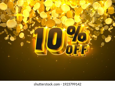 Sale 10 off banner, promotion discount flyer, Big win golden coins. Vector illustration