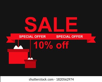 Sale 10% off. Black Friday special offer. Hanging gift boxes with bows and ribbon o black background. Design for promotional items, banners, flyers and gift cards. Vector illustration