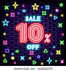 Sale 10% off Neon sign. Neon script. Announcement neon signboard. Modern trend design. Vector Illustration