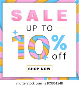 Sale up to 10% off Promotion Discount Online Shopping Abstract Blue Pink Orange Mountain Geography Contour Map 3D Layer Cutout Paper Card Advertising Web Banner Marketing