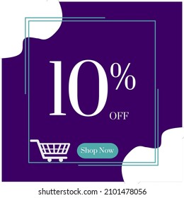 Sale 10% off sign, ten percent discount sale, dark purple banner vector illustration with white blobs, white shopping cart, and light blue square. Shop now sign.