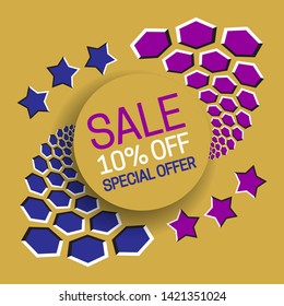 Sale 10% off special offer banner text in round frame on optical illusion background
