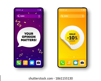 Sale 10 percent off banner. Phone mockup vector confetti banner. Discount sticker shape. Coupon star icon. Social story post template. Your opinion matters speech buuble. Vector
