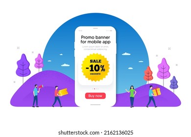 Sale 10 percent off banner. Phone ui interface banner. Discount sticker shape. Coupon star icon. Mobile smartphone promo banner. Sale 10 percent tag. Man with gift box. Vector