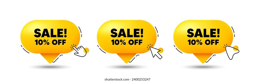 Sale 10 percent off discount. Click here buttons. Promotion price offer sign. Retail badge symbol. Sale speech bubble chat message. Talk box infographics. Vector
