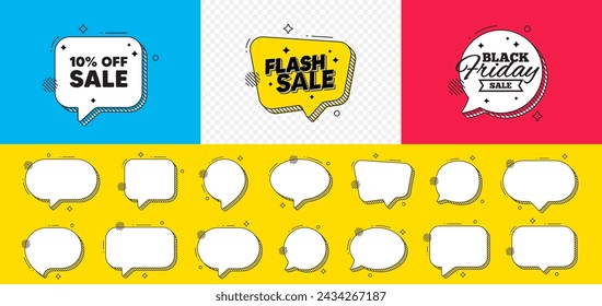 Sale 10 percent off discount. Flash sale chat speech bubble. Promotion price offer sign. Retail badge symbol. Sale chat message. Black friday speech bubble banner. Offer text balloon. Vector