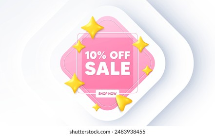 Sale 10 percent off discount. Neumorphic promotion banner. Promotion price offer sign. Retail badge symbol. Sale message. 3d stars with cursor pointer. Vector