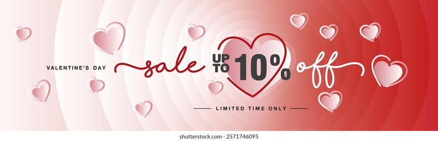 Sale up to 10 percent off handwritten typography lettering. Valentine's Day card. Promotion shopping template on pink magenta blend heart shape background with meny pink love hearts over