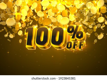 Sale 100 off banner, promotion discount flyer, Big win golden coins. Vector illustration