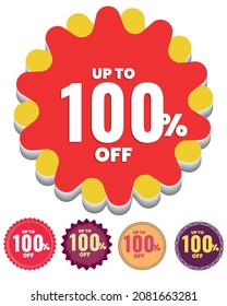 Sale up to 100 percent off tag in high-quality vector file, sale label symbol for shopping mall, 100% sale promotion 5 round icons for your sell offer.  