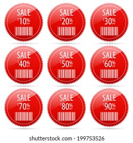 sale up to 10,20,30,40,50,60,70,80,90 percent with bar code on jagged Edge circle red label set (vector)