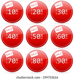 sale up to 10,20,30,40,50,60,70,80,90 percent on circle red label set (vector)