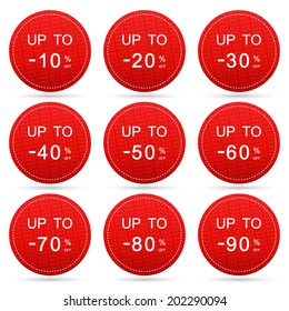 sale up to 10,20,30,40,50,60,70,80,90 percent on circle red label set (vector)