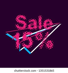 sale 15%, banner or background with violet glitch or retro style.