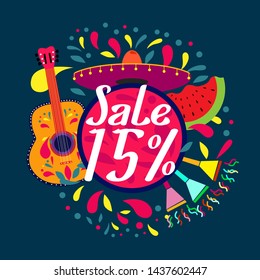 sale 15%, beautiful greeting card background or banner with colorful summer theme. design illustration
