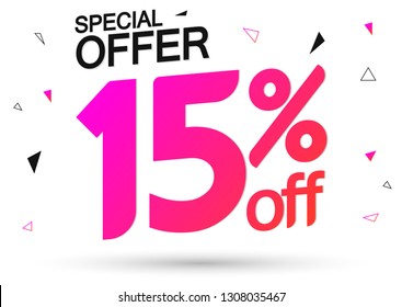 Sale 15% off, special offer, poster design template, vector illustration