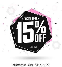 Sale 15% off, special offer, discount banner design template, promo tag, vector illustration