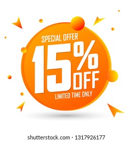 Sale 15% off, special offer, discount banner design template, promo tag, vector illustration