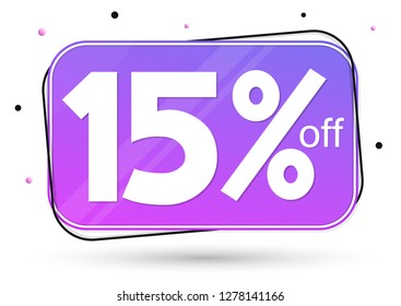 Sale 15% off tag, discount banner design template, vector illustration