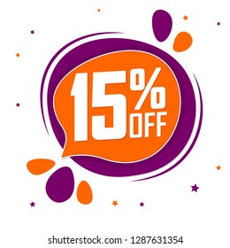 Sale 15% off tag, discount speech bubble banner design template, vector illustration