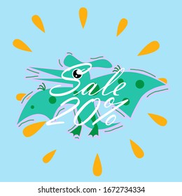 sale 20%, beautiful greeting card background or template banner with dinosaur theme. vector design illustration