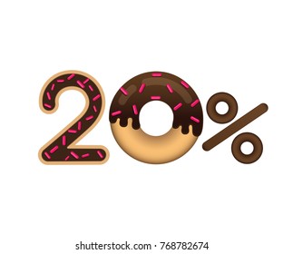 Sale 20% and discount price isolated on white background. Shopping and low price symbol. The inscription in the form of a donut with glaze. Vector illustration