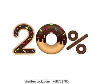 Sale 20% and discount price isolated on white background. Shopping and low price symbol. The inscription in the form of a donut with glaze. Vector illustration