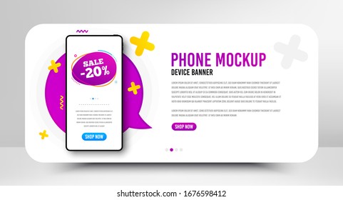 Sale 20% off badge. Phone screen mockup banner. Discount banner shape. Coupon bubble icon. Social media banner with smartphone screen. Shopping mockup web template. Sale 20% promotion. Vector