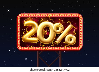 Sale 20 off ballon number on the Night Sky background. Vector illustration
