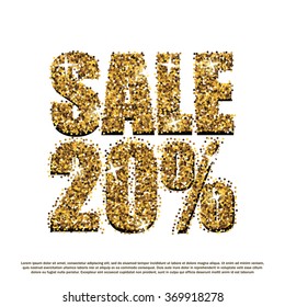 Sale 20% off banner template. Golden glitter discount card. Gold sparkling promotion tag