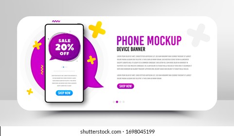 Sale 20% off bubble. Phone screen mockup banner. Discount banner shape. Coupon badge icon. Social media banner with smartphone screen. Shopping mockup web template. Sale bubble promotion. Vector