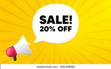 Sale 20% off discount. Yellow background with megaphone. Promotion price offer sign. Retail badge symbol. Megaphone banner. Sale speech bubble. Loudspeaker background. Vector