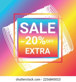 sale 20% off extra shop now sign holographic gradient over art white round bangles shapes on colorful gradient background Vector illustration