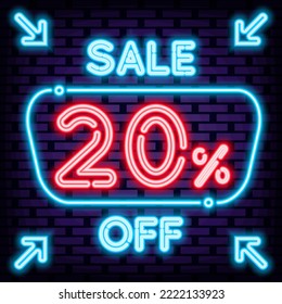 Sale 20% off Neon sign. Neon script. Night advensing. Bright colored vector. Vector Illustration