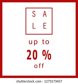 Sale 20% off sign with red frame and white background. Discount Promotion Vector Banner or Simple sale sign design for sale shop and sale banners - Vector illustration eps 10 