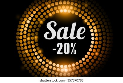 Sale 20 percent  - gold disco lights frame. Eps 10.  vector. Banner