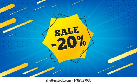  Verkaufen Sie 20 % Rabatt auf Badge.Rabatt auf die Bannerform. Coupon-Blasensymbol. Abstrakter Hintergrund. Modernes Design. Banner mit Angebotsabzeichen. Vektorgrafik