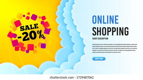 Sale 20 percent off badge. Clouds banner template. Discount banner shape. Coupon bubble icon. Online shopping banner with clouds. Sale 20% promotion badge. Promotional flyer design. Vector