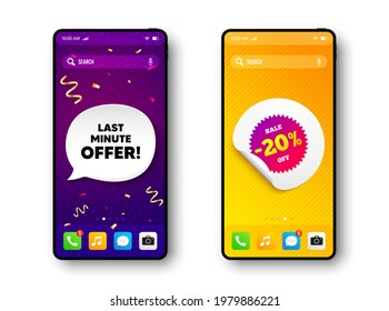 Sale 20 percent off banner. Phone mockup vector confetti banner. Discount sticker shape. Coupon star icon. Social story post template. Last minute offer speech buuble. Cell phone frame banner. Vector