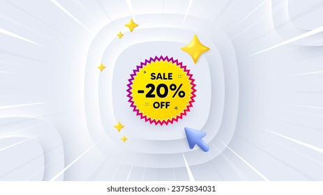 Sale 20 percent off banner. Neumorphic offer 3d banner, poster. Discount sticker shape. Coupon star icon. Sale 20 percent promo event background. Sunburst banner, flyer or coupon. Vector