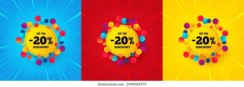 Sale 20 percent off banner. Sunburst offer banner, flyer or poster. Discount sticker shape. Coupon bubble icon. Sale 20 percent promo event banner. Starburst pop art coupon. Special deal. Vector