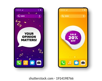 Sale 20 percent off bubble banner. Phone mockup vector confetti banner. Discount sticker shape. Coupon badge icon. Social story post template. Your opinion matters speech buuble. Vector