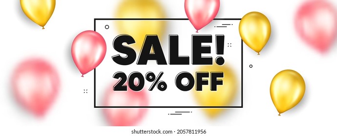 Sale 20 percent off discount. Balloons frame promotion ad banner. Promotion price offer sign. Retail badge symbol. Sale text frame message. Party balloons banner. Vector