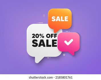 Venta 20 por ciento de descuento. Banner de chat de burbuja 3d. Cupón de oferta de descuento. Signo de oferta de precio de promoción. Símbolo de insignia comercial. Etiqueta adhesiva de venta. Cartel de promoción. Vector