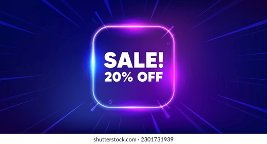 Venta 20 por ciento de descuento. Banner de la caja de la luz de neón. Signo de oferta de precio de promoción. Símbolo de insignia comercial. Mensaje de marco de luz de neón de venta. Vector