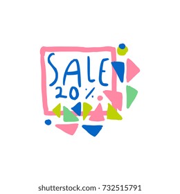 Sale 20 percent off logo, special offer label, banner, advertising badge or sticker tag colorful hand drawn vector Illustration