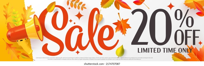 Sale up to 20 percent off special offer autumn banner. Autumnal discount promotion. Limited time price clearance announcement. Vector illustration design with falling leaves and megaphone
