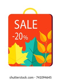Sale 20 % promo poster on shopping bag with handles and drawn autumn leaves vector illustration isolated on white background, fall sale concept