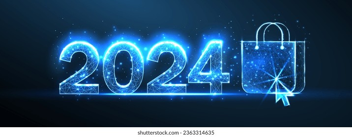 Sale 2024. New year blue background. Low poly style. Web banner template. Calendar season 2024. Abstract wireframe vector illustration. Happy new year 2024 celebration.